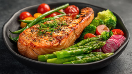 Grilled salmon with fresh vegetables and herbs on a plate.の素材