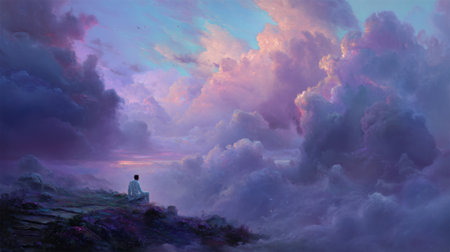Solitary figure amidst majestic purple clouds at sunset.の素材