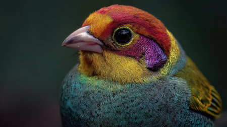 Colorful tropical bird with vibrant plumage close-up.の素材