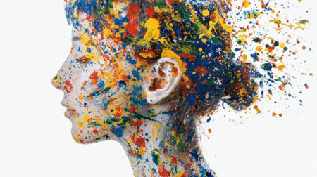 Abstract portrait of female profile in vibrant paint splatters.の素材