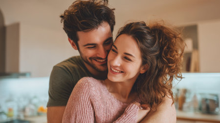 Happy young caucasian couple embracing in cozy kitchen setting.の素材