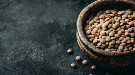 Rustic bowl of multicolored lentils on dark stone surface.の素材