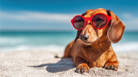 Dachshund relaxing on sandy beach in red sunglasses by ocean.の素材
