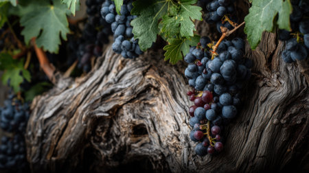 Vibrant grapes on weathered vine with lush green leaves in vineyard.の素材