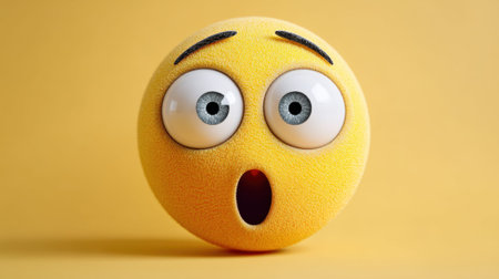 Surprised yellow emoji with wide eyes and open mouth on orange background.の素材