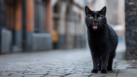 Black cat meowing on cobblestone street in urban setting.の素材