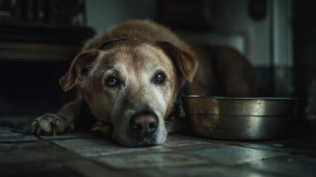 Elderly dog resting solemnly beside metallic bowl in dimly lit room.の素材