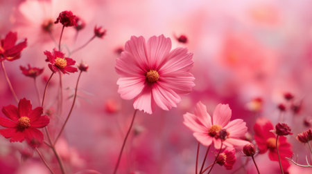 Vibrant pink cosmos flowers in blooming summer garden.の素材