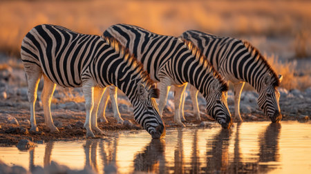 Three zebras drinking at waterhole during sunset in african savanna.の素材