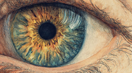 Detailed close-up of a human eye with vivid colors and textures.の素材