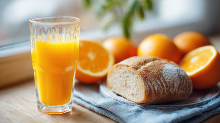 Fresh orange juice and sliced bread on a wooden table.の素材