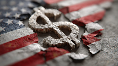 Cracked dollar symbol on worn american flag background.の素材