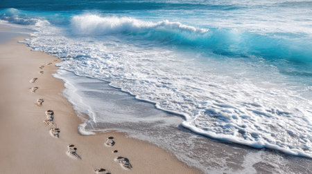 Serene beach with footprints along the shoreline and turquoise waves.の素材