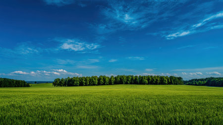 Vast green field under blue sky with tree line on horizon.の素材