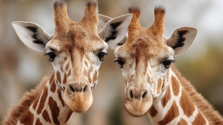 Close-up of two giraffes with beautiful patterns in natural habitat.の素材