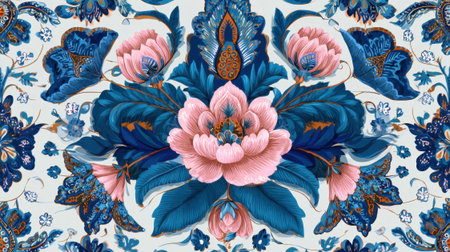 Intricate floral pattern with blue and pink peonies and leaves.の素材