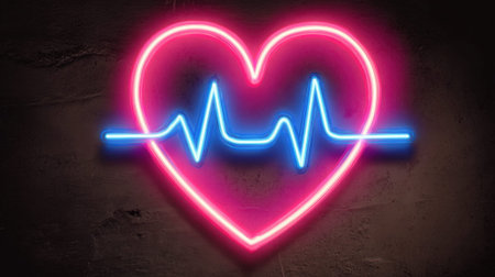 Neon heartbeat light on dark wall - pink heart with blue pulse line.の素材