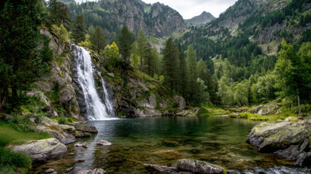 Tranquil mountain waterfall cascading into serene forest pool.の素材