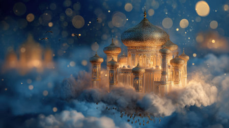 Majestic floating palace amidst dreamy clouds with illuminated domes.の素材