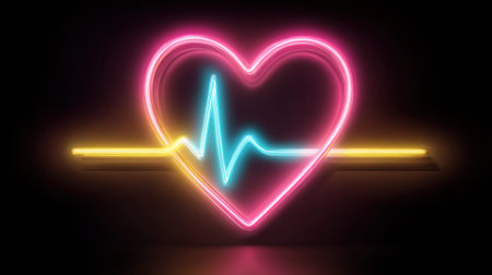 Neon heart with pulsing blue line on black background.の素材