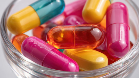 Colorful assorted capsules in glass container on table.の素材