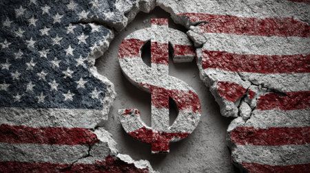 Cracked american flag surrounding dollar sign symbolizing economic challenges.の素材