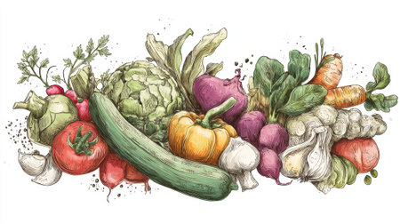 Colorful assortment of fresh vegetables with tomatoes and carrots.の素材