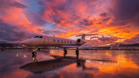 Private jet on wet tarmac at sunset with vibrant sky reflections.の素材