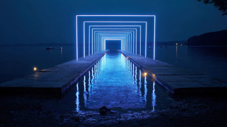 Illuminated geometric pathway with neon lights over water at dusk.の素材