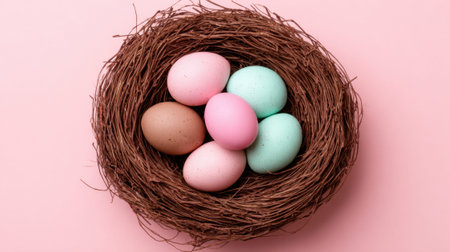 Colorful easter eggs in nest on pink background.の素材