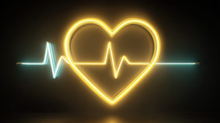 Glowing neon heartbeat and heart symbol on dark background.の素材