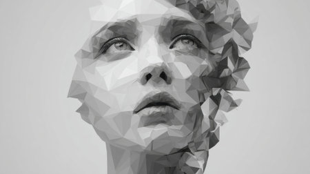 Geometric abstract portrait of a female adult in faceted grayscale design.の素材
