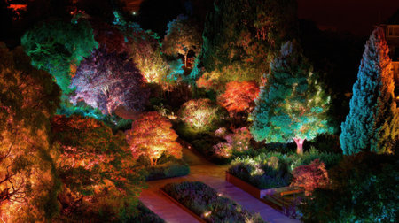 Vibrant nighttime garden with illuminated trees and bushes.の素材