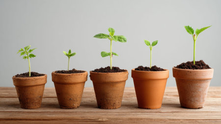Stages of plant growth in clay pots on wooden surface.の素材