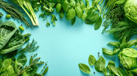 Fresh green vegetables and herbs arranged on blue background.の素材