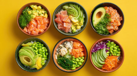 Colorful assortment of vibrant poke bowls with fresh ingredients.の素材
