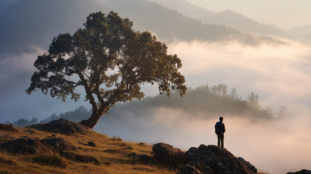 Majestic landscape with lone traveler above a misty valley at sunrise.の素材