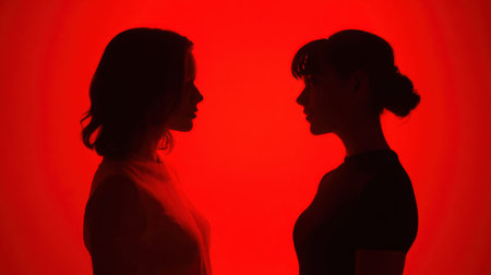 Silhouette of two women facing each other against a red background.の素材