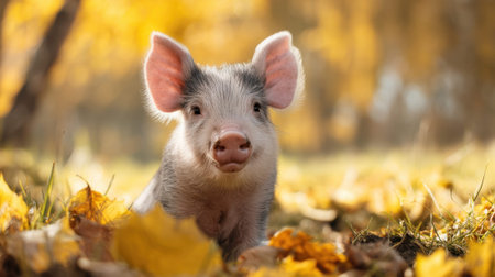 Cute piglet in autumn leaves with warm golden backdrop.の素材
