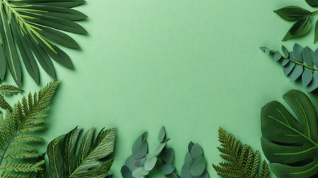 Tropical greenery frame on mint background with various leaves.の素材