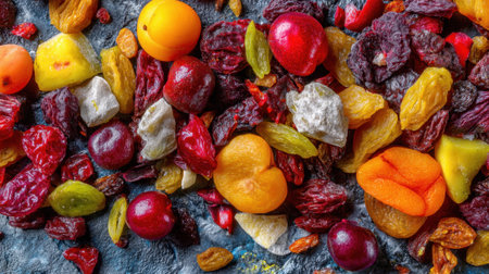 Vibrant assortment of dried fruits on dark surface.の素材