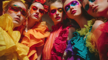 Colorful fashion: young caucasian females in vibrant ruffled dresses and bold makeup.の素材