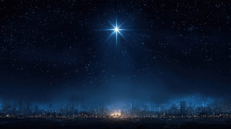 Starry night sky over cityscape with bright star silhouette.の素材