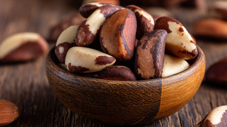 Rustic bowl of mixed brazilian nuts on wooden table.の素材