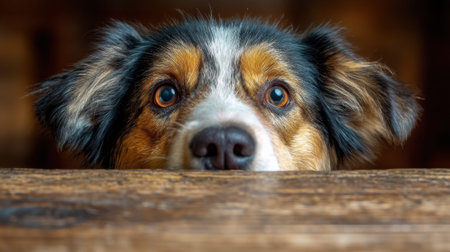 Curious dog peeking over table.の素材