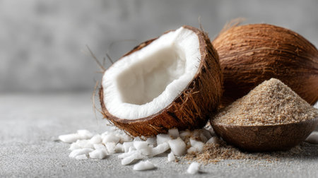 Freshly halved coconuts and organic sugar on gray surface.の素材