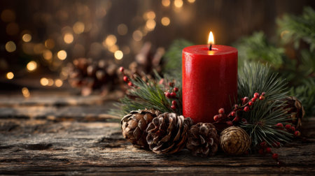 Red candle with evergreen and pinecones on wooden table during holiday season.の素材