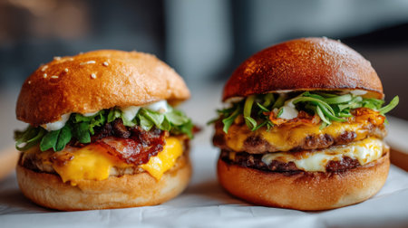 Delicious cheeseburgers with bacon and fresh greens on sesame buns.の素材