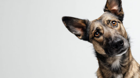 Curious german shepherd mix tilting head against white background.の素材
