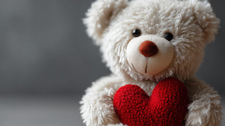Adorable toy bear holding red heart symbolizing love and affection.の素材